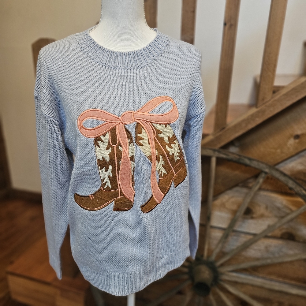 Aqua Blu Light Blue Sweater with Pink Boot Design - Picture 8 of 9
